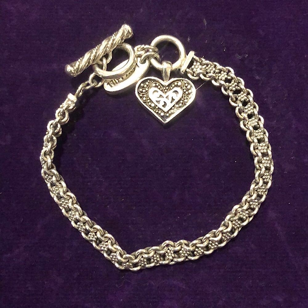 Lois Hill Sterling Silver Woven Floral Accent Heart Charm Toggle Bracelet